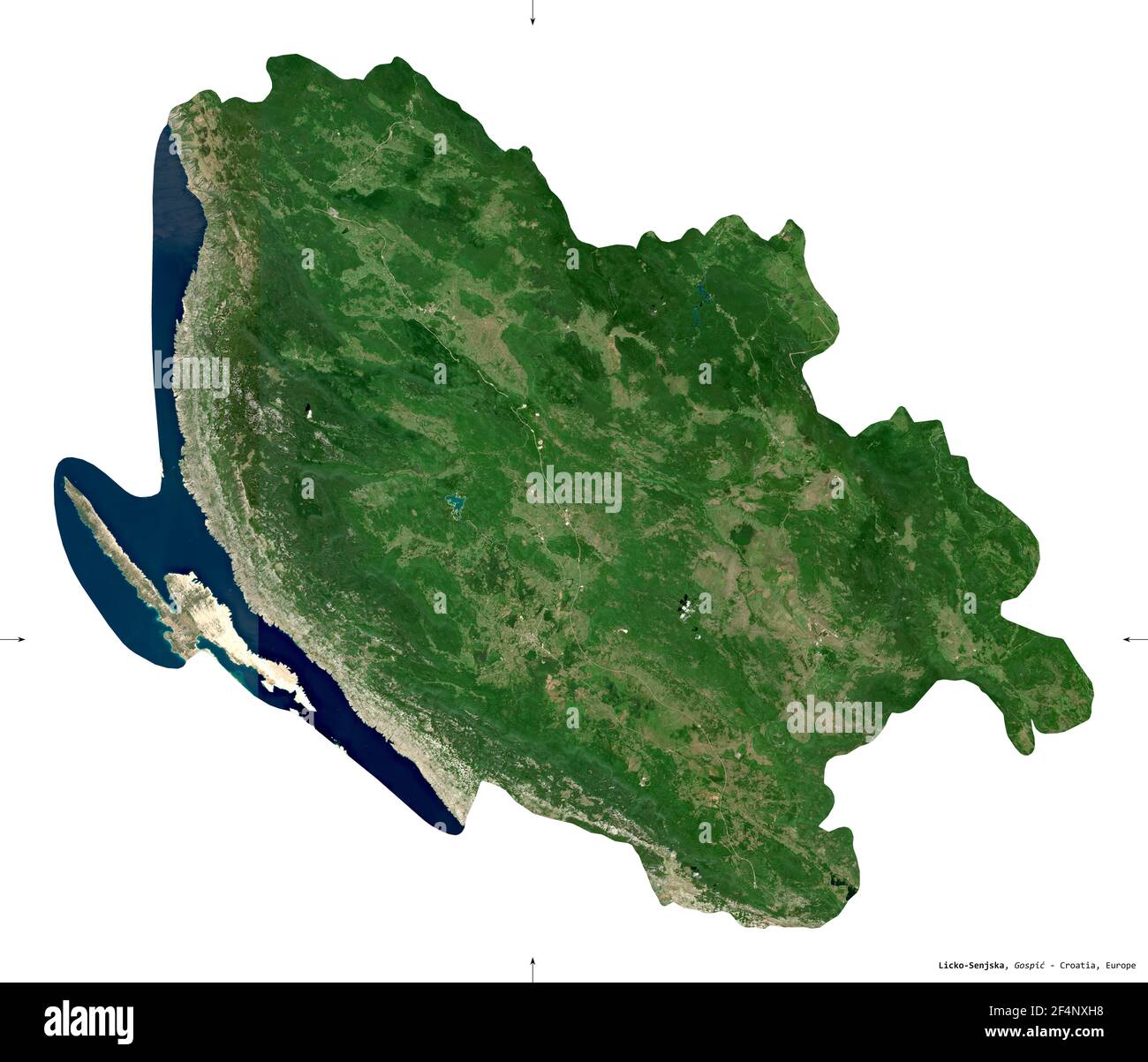 Licko-Senjska, county of Croatia. Sentinel-2 satellite imagery. Shape isolated on white. Description, location of the capital. Contains modified Coper Stock Photo