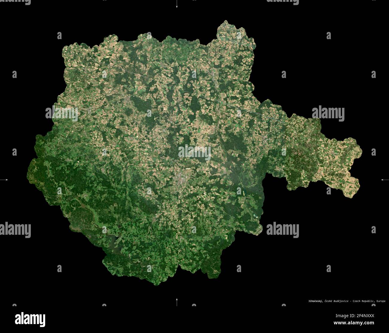 Jihocesky, region of Czech Republic. Sentinel-2 satellite imagery. Shape isolated on black. Description, location of the capital. Contains modified Co Stock Photo
