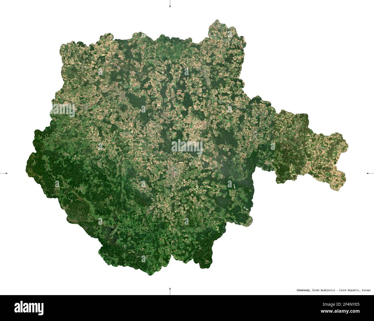 Jihocesky, region of Czech Republic. Sentinel-2 satellite imagery. Shape isolated on white solid. Description, location of the capital. Contains modif Stock Photo