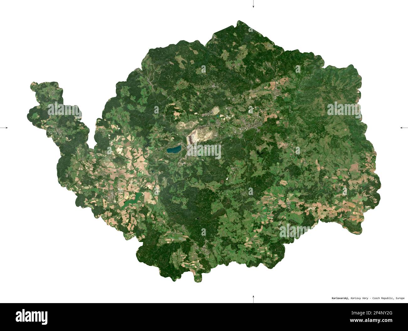 Karlovarsky, region of Czech Republic. Sentinel-2 satellite imagery. Shape isolated on white solid. Description, location of the capital. Contains mod Stock Photo