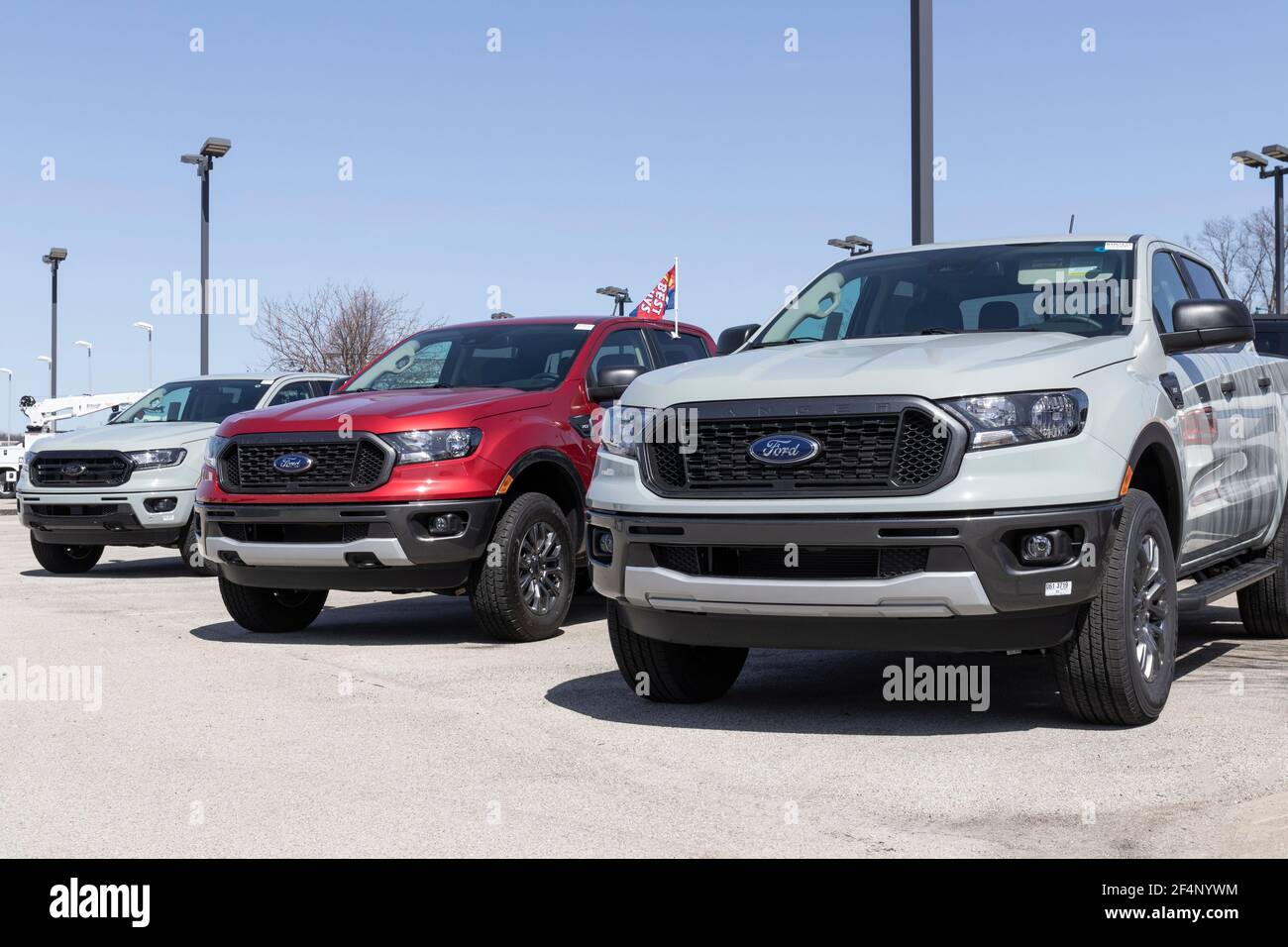 Fishers - Circa March 2021: Ford Ranger pickup truck display at a dealership. The Ranger nameplate has been used on multiple light duty trucks models Stock Photo