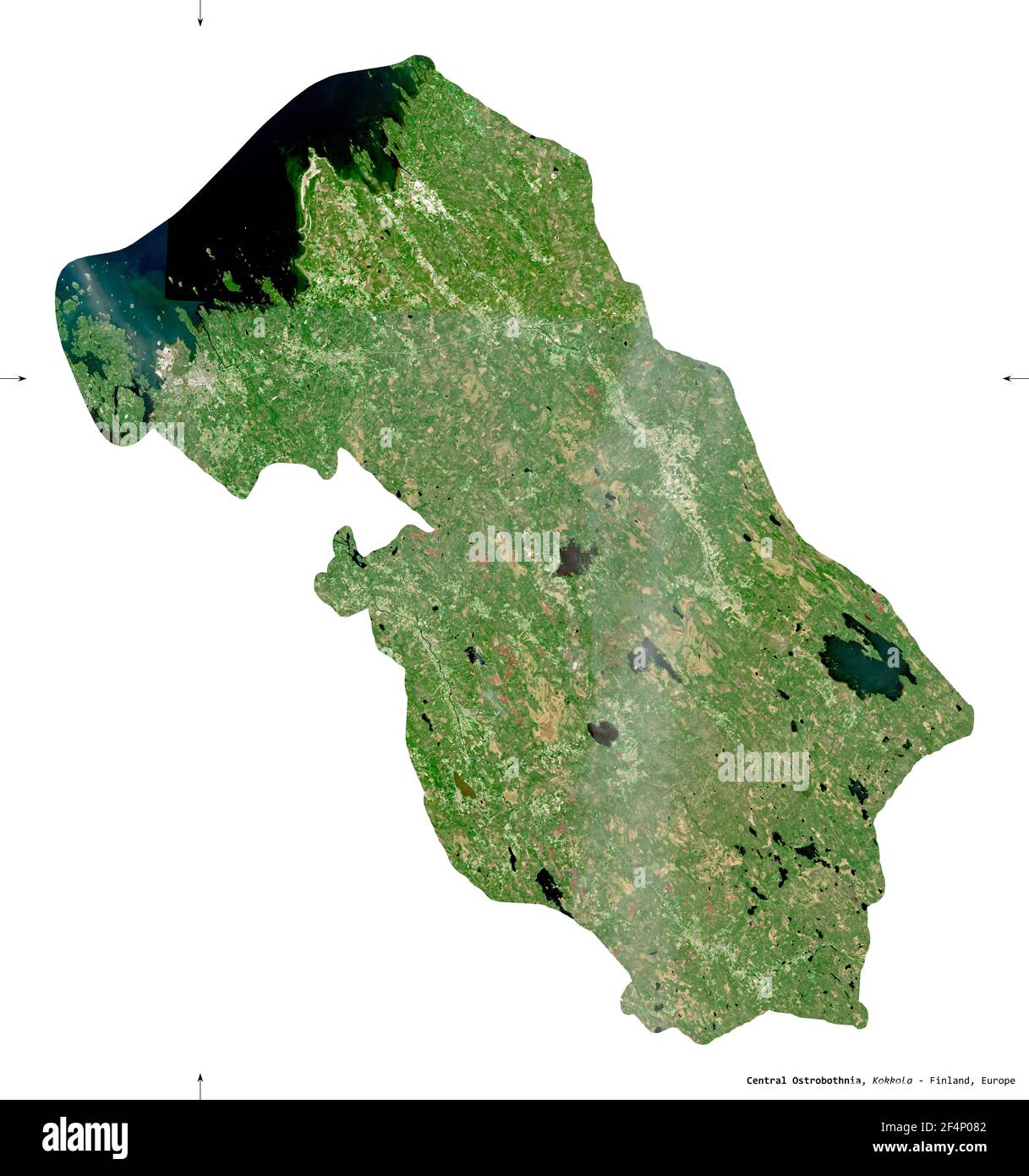 Central Ostrobothnia, region of Finland. Sentinel-2 satellite imagery. Shape isolated on white. Description, location of the capital. Contains modifie Stock Photo