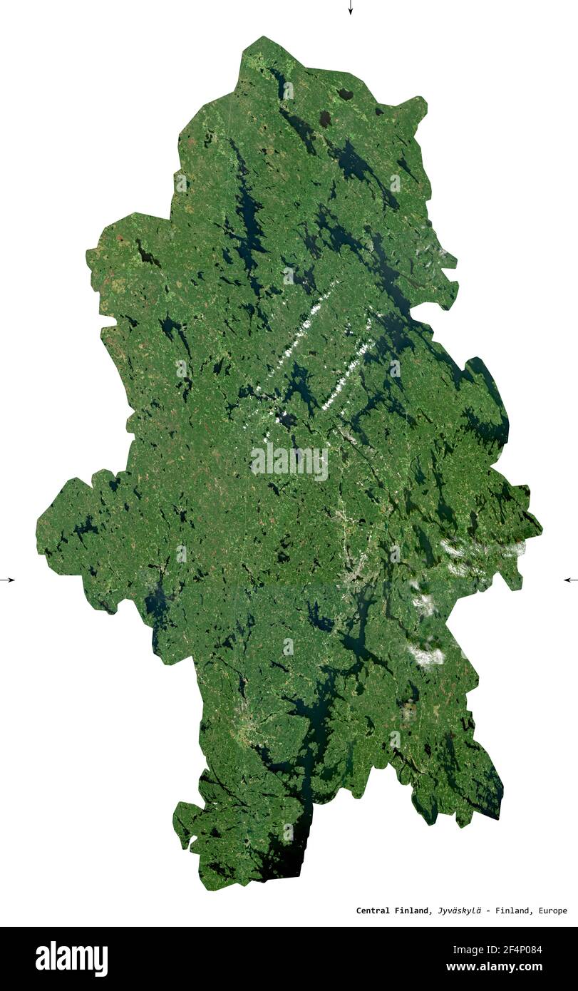 Central Finland, region of Finland. Sentinel-2 satellite imagery. Shape isolated on white. Description, location of the capital. Contains modified Cop Stock Photo