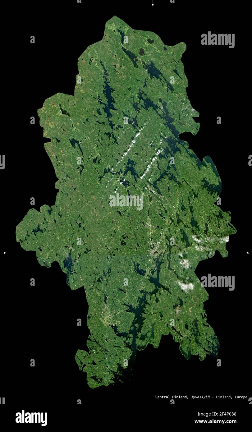 Central Finland, region of Finland. Sentinel-2 satellite imagery. Shape isolated on black. Description, location of the capital. Contains modified Cop Stock Photo
