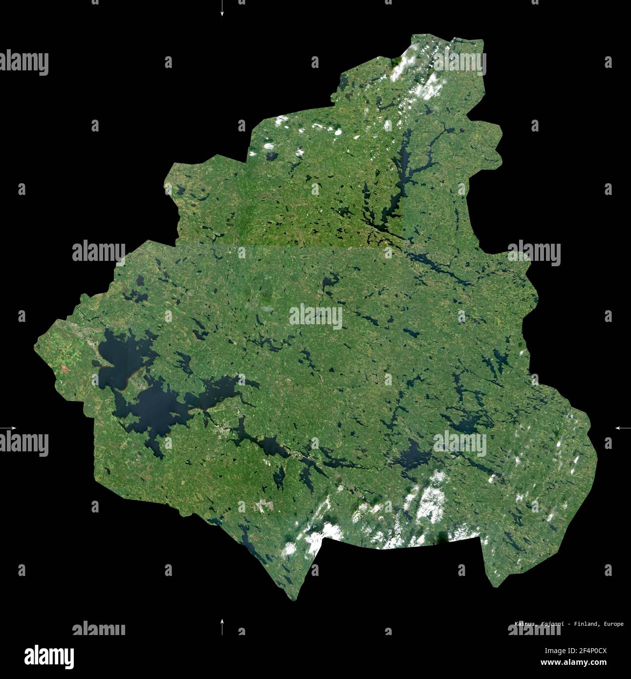 Kainuu, region of Finland. Sentinel-2 satellite imagery. Shape isolated on black. Description, location of the capital. Contains modified Copernicus S Stock Photo