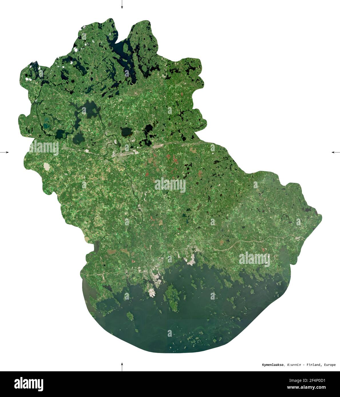 Kymenlaakso, region of Finland. Sentinel-2 satellite imagery. Shape isolated on white. Description, location of the capital. Contains modified Coperni Stock Photo