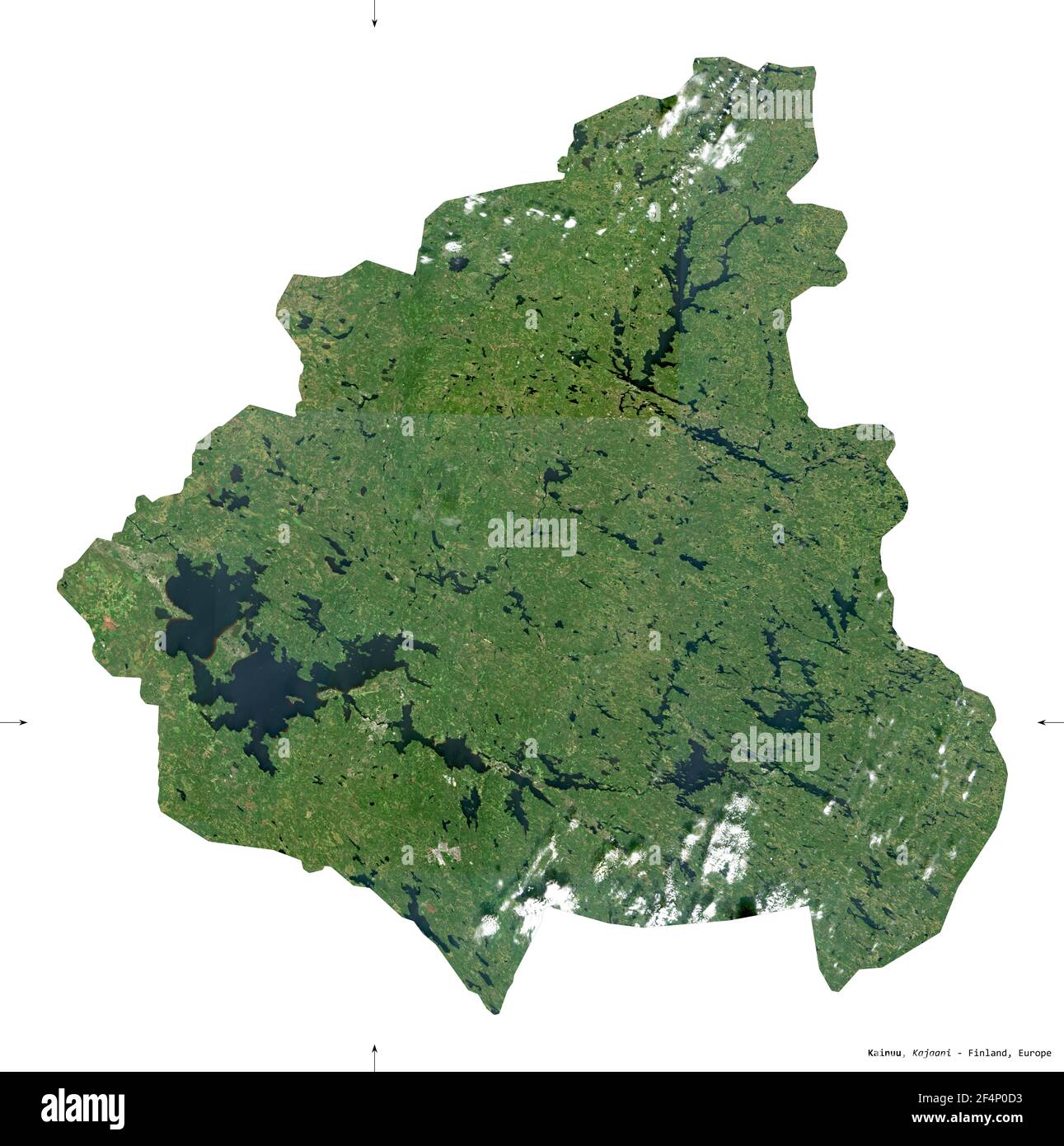 Kainuu, region of Finland. Sentinel-2 satellite imagery. Shape isolated on white. Description, location of the capital. Contains modified Copernicus S Stock Photo