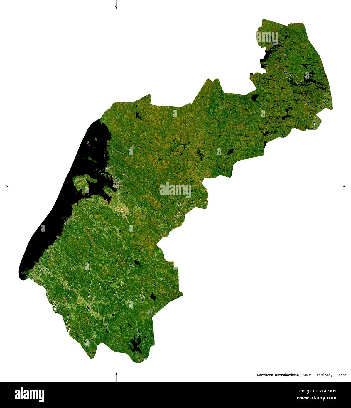 Northern Ostrobothnia, region of Finland. Sentinel-2 satellite imagery. Shape isolated on white. Description, location of the capital. Contains modifi Stock Photo
