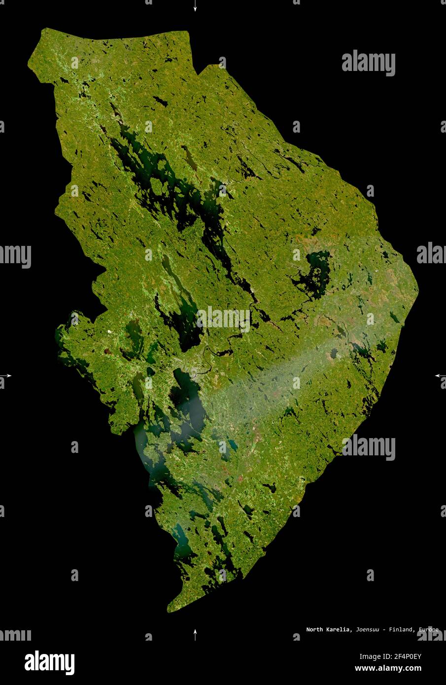 North Karelia, region of Finland. Sentinel-2 satellite imagery. Shape isolated on black. Description, location of the capital. Contains modified Coper Stock Photo