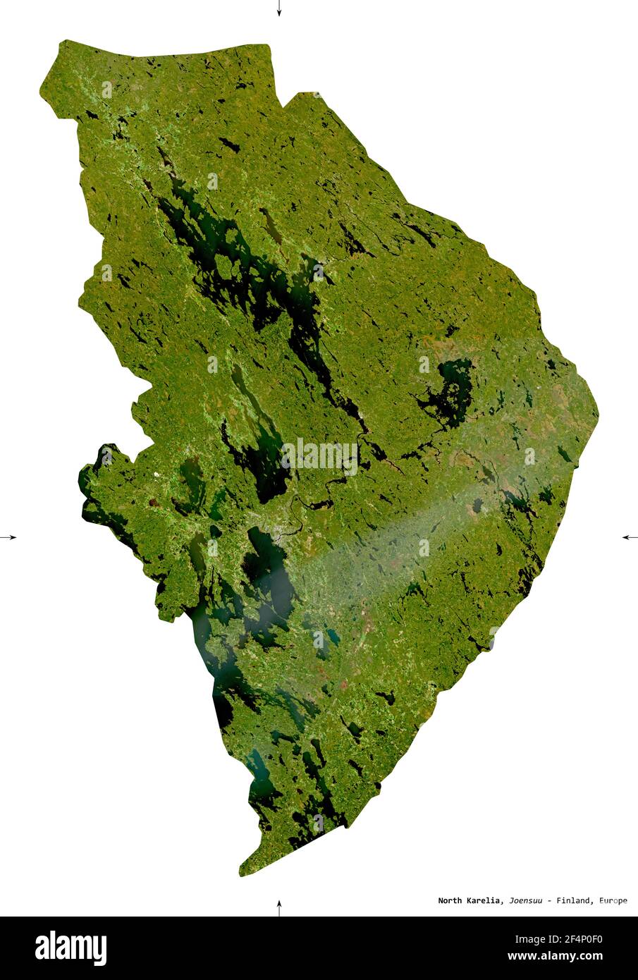 North Karelia, region of Finland. Sentinel-2 satellite imagery. Shape isolated on white. Description, location of the capital. Contains modified Coper Stock Photo