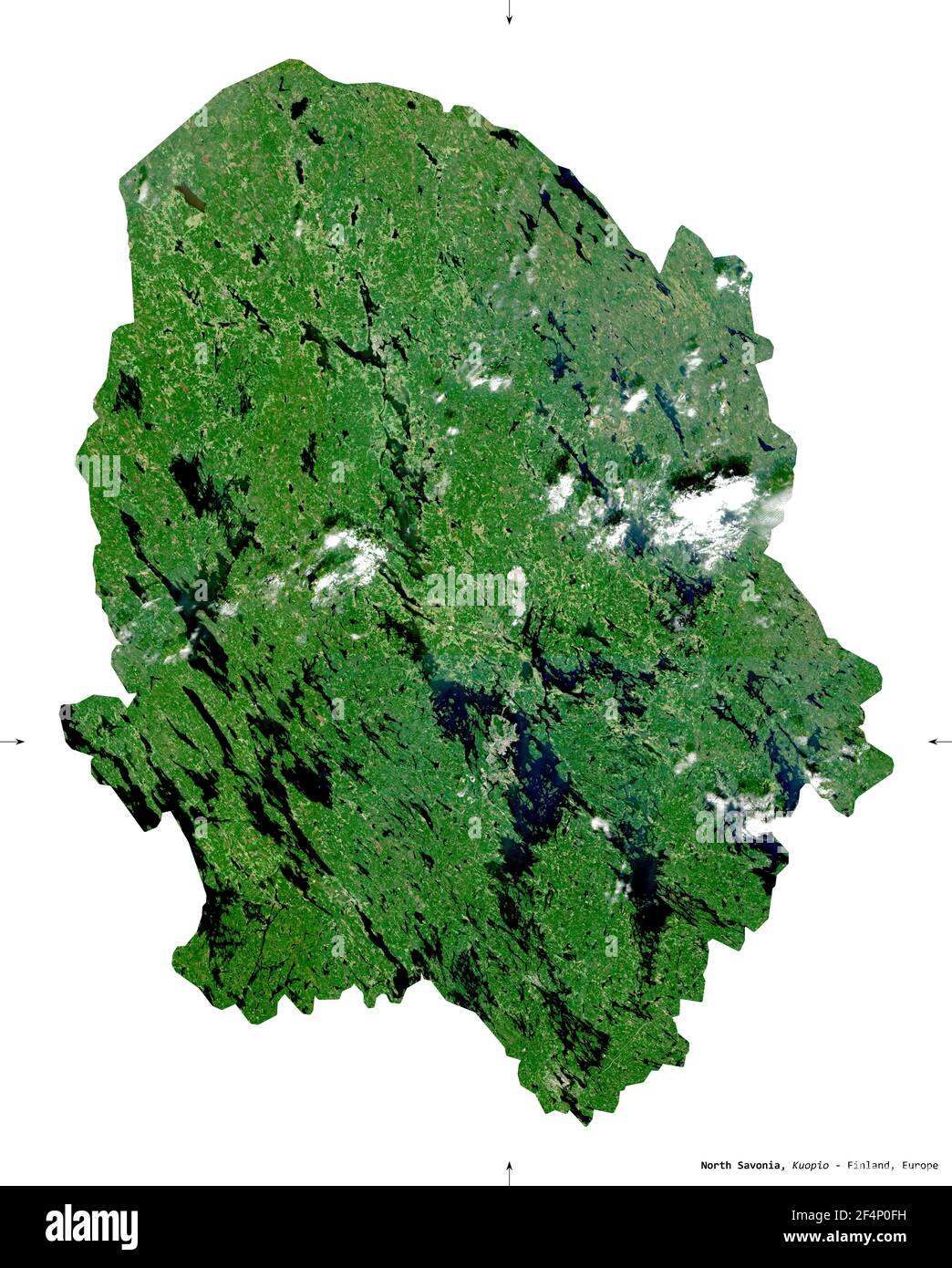 North Savonia, region of Finland. Sentinel-2 satellite imagery. Shape isolated on white. Description, location of the capital. Contains modified Coper Stock Photo