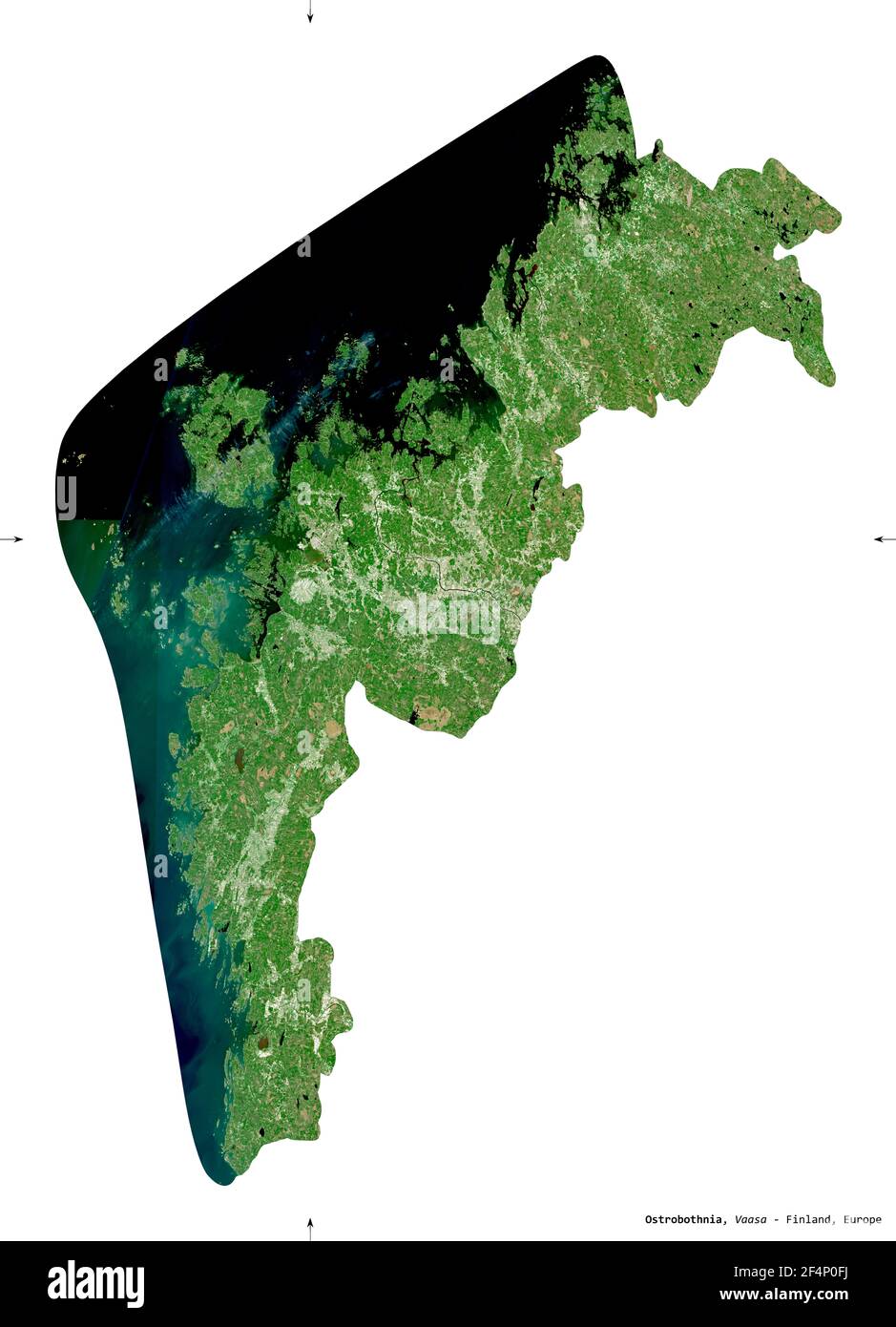 Ostrobothnia, region of Finland. Sentinel-2 satellite imagery. Shape isolated on white. Description, location of the capital. Contains modified Copern Stock Photo