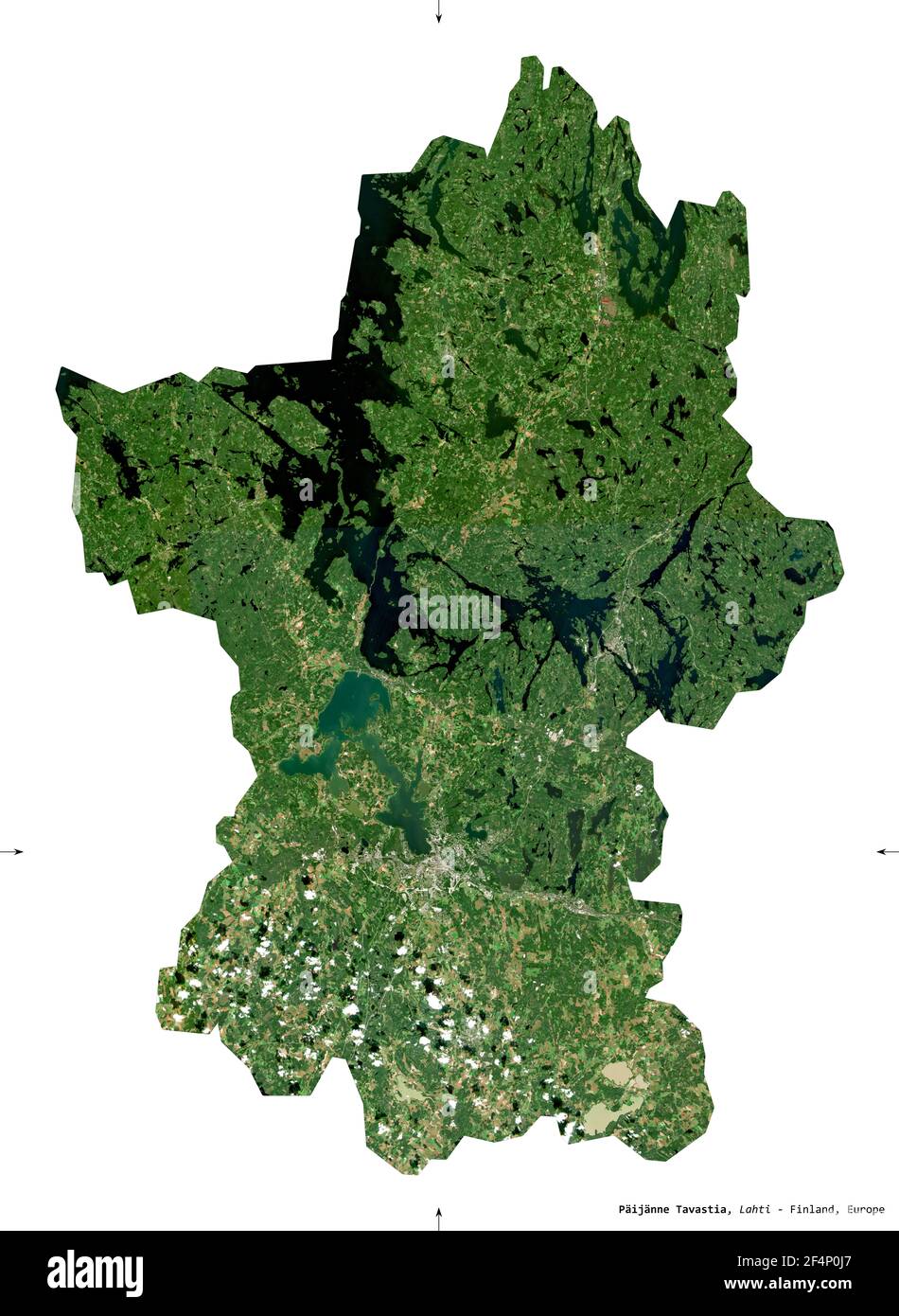 Paijanne Tavastia, region of Finland. Sentinel-2 satellite imagery. Shape isolated on white. Description, location of the capital. Contains modified C Stock Photo