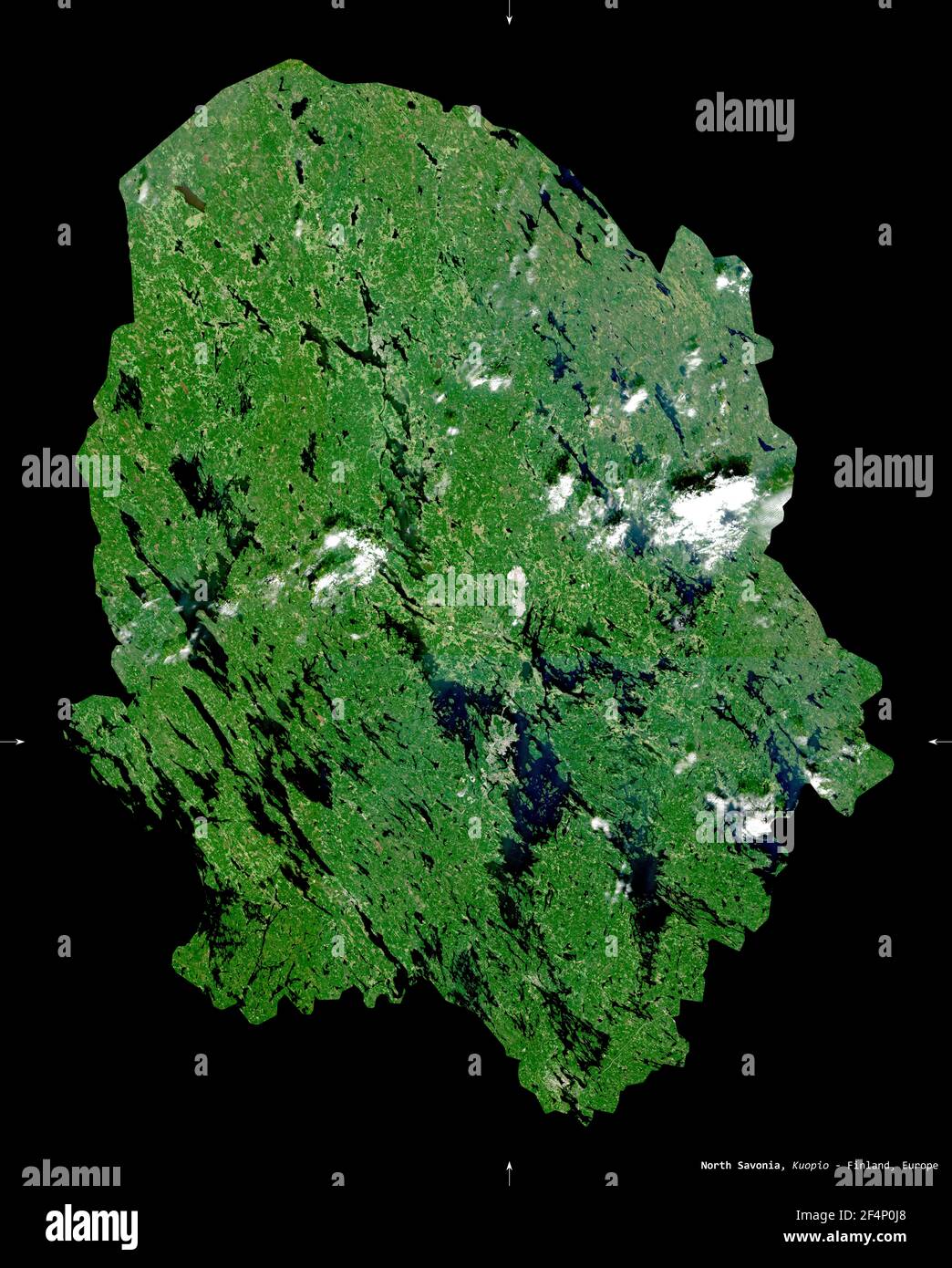 North Savonia, region of Finland. Sentinel-2 satellite imagery. Shape isolated on black. Description, location of the capital. Contains modified Coper Stock Photo