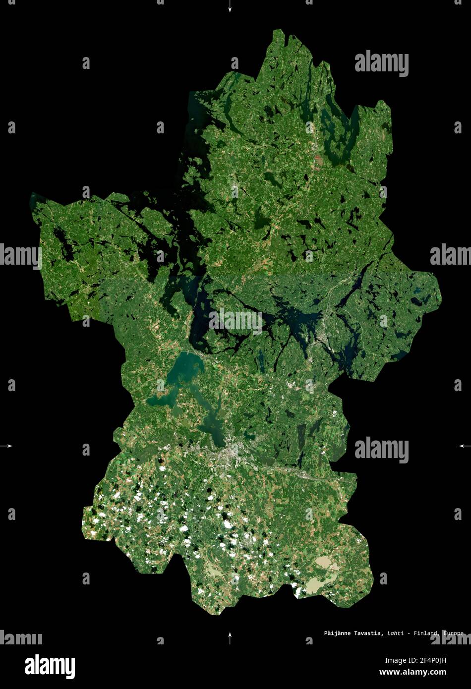 Paijanne Tavastia, region of Finland. Sentinel-2 satellite imagery. Shape isolated on black. Description, location of the capital. Contains modified C Stock Photo