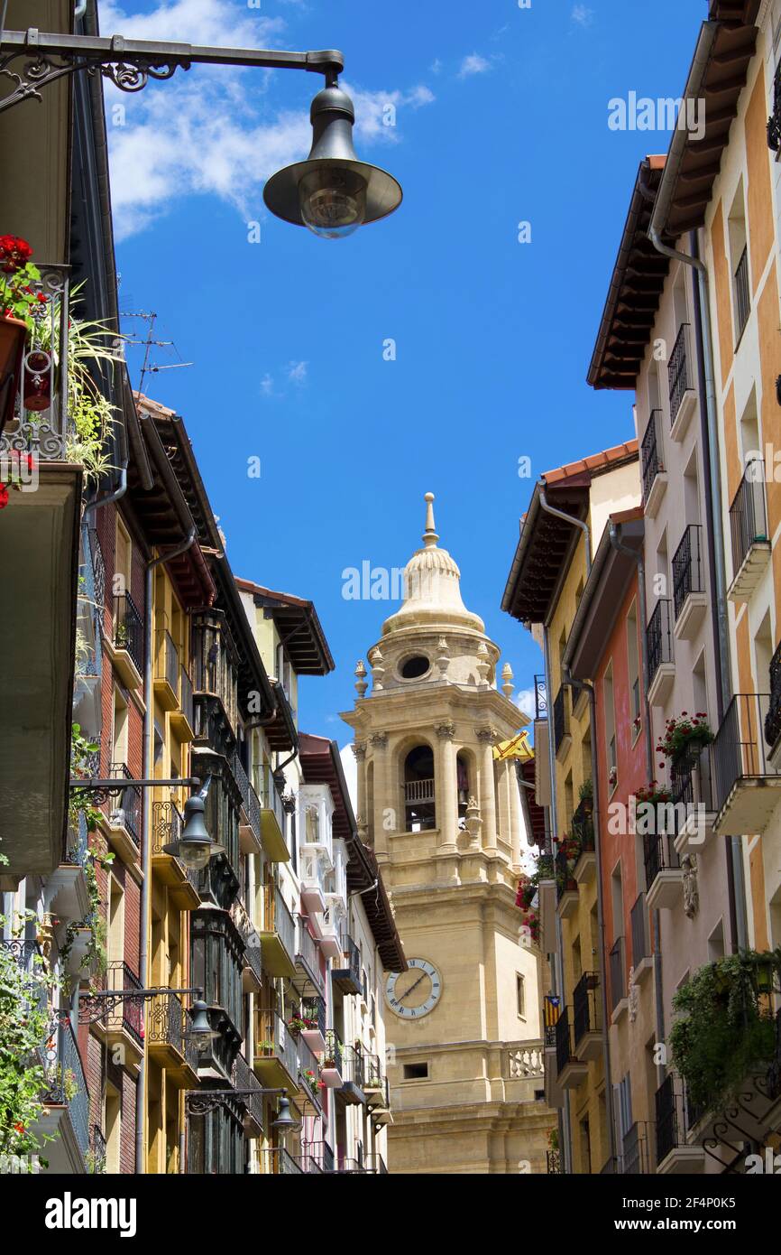View of  the central cathedral  and street on the sunny day.Pamplona.Spain. Stock Photo