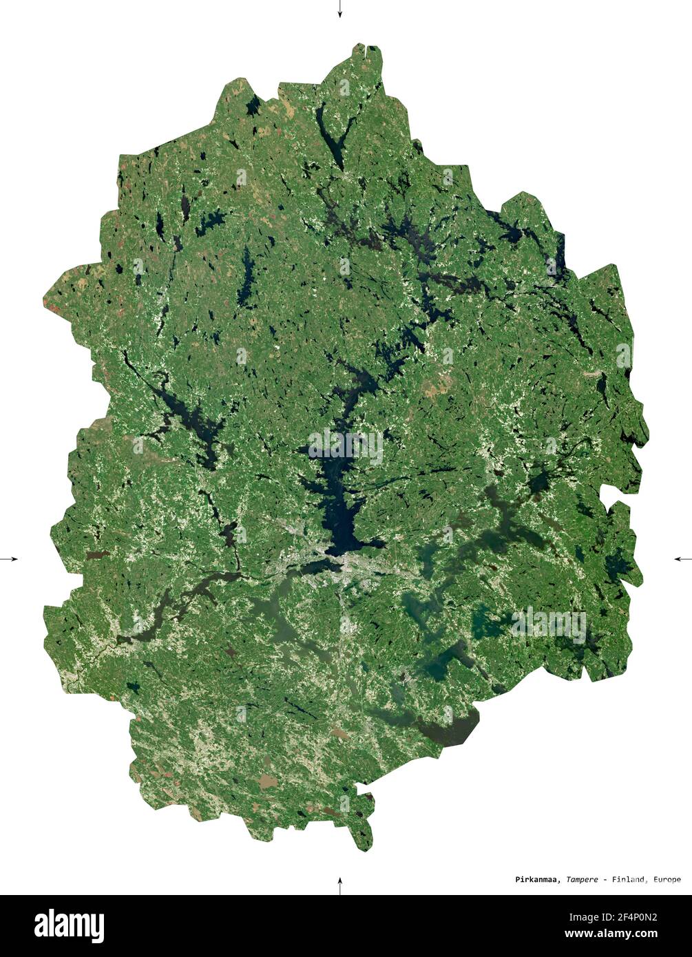 Pirkanmaa, region of Finland. Sentinel-2 satellite imagery. Shape isolated on white. Description, location of the capital. Contains modified Copernicu Stock Photo