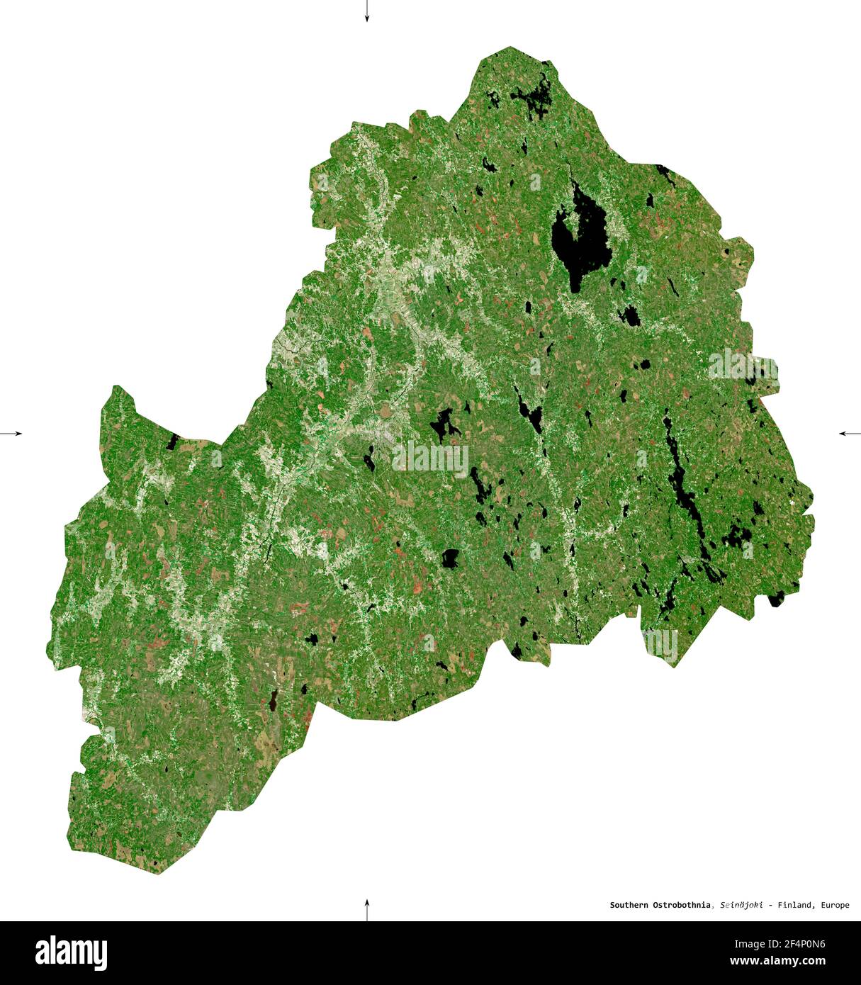 Southern Ostrobothnia, region of Finland. Sentinel-2 satellite imagery. Shape isolated on white. Description, location of the capital. Contains modifi Stock Photo