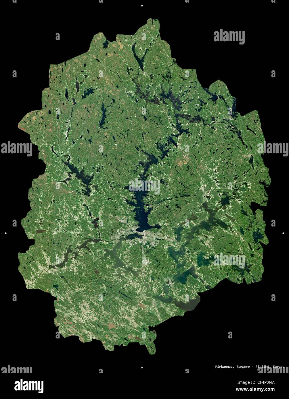 Pirkanmaa, region of Finland. Sentinel-2 satellite imagery. Shape isolated on black. Description, location of the capital. Contains modified Copernicu Stock Photo