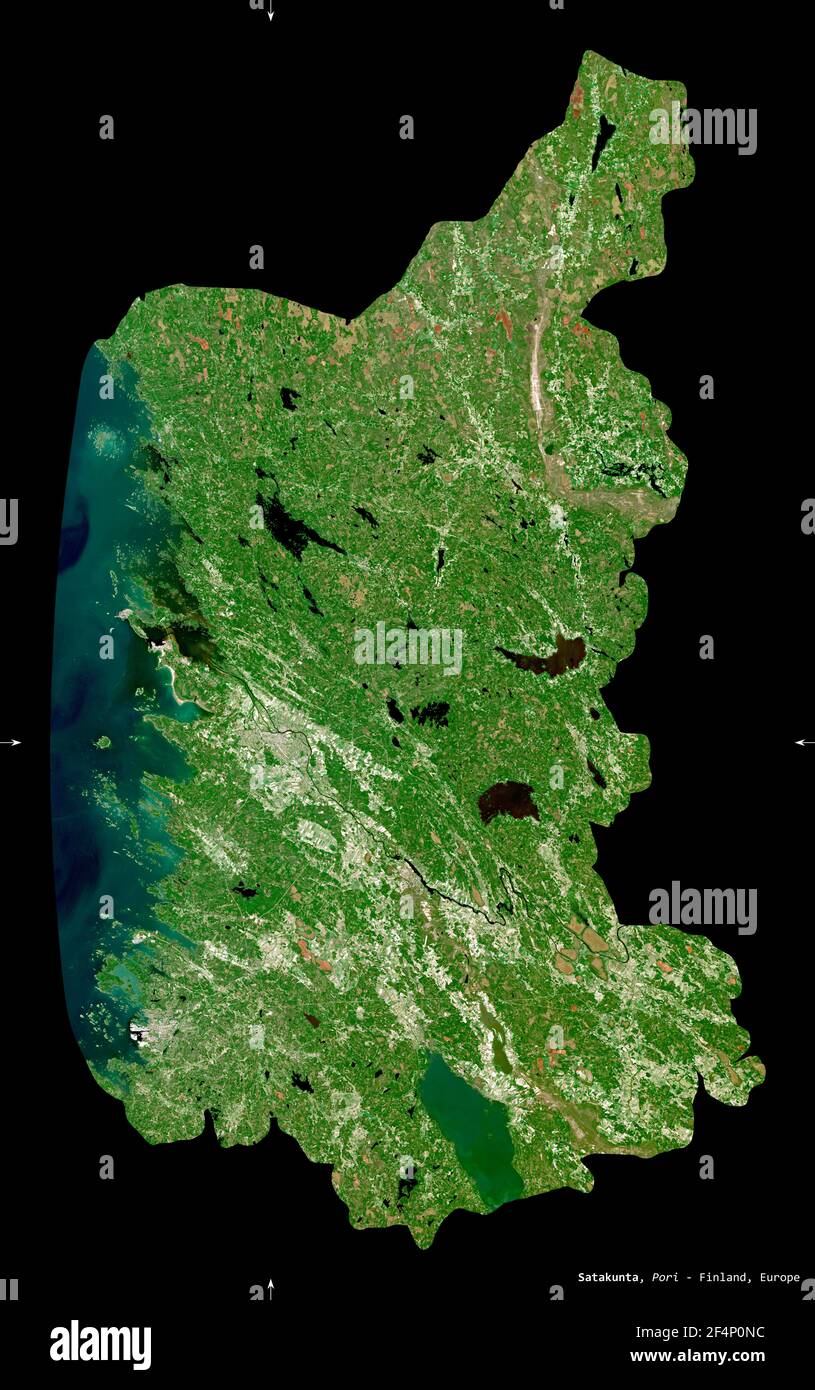 Satakunta, region of Finland. Sentinel-2 satellite imagery. Shape isolated on black. Description, location of the capital. Contains modified Copernicu Stock Photo