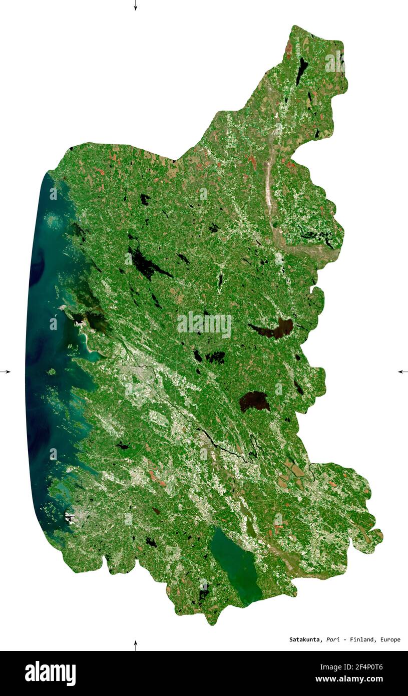 Satakunta, region of Finland. Sentinel-2 satellite imagery. Shape isolated on white. Description, location of the capital. Contains modified Copernicu Stock Photo