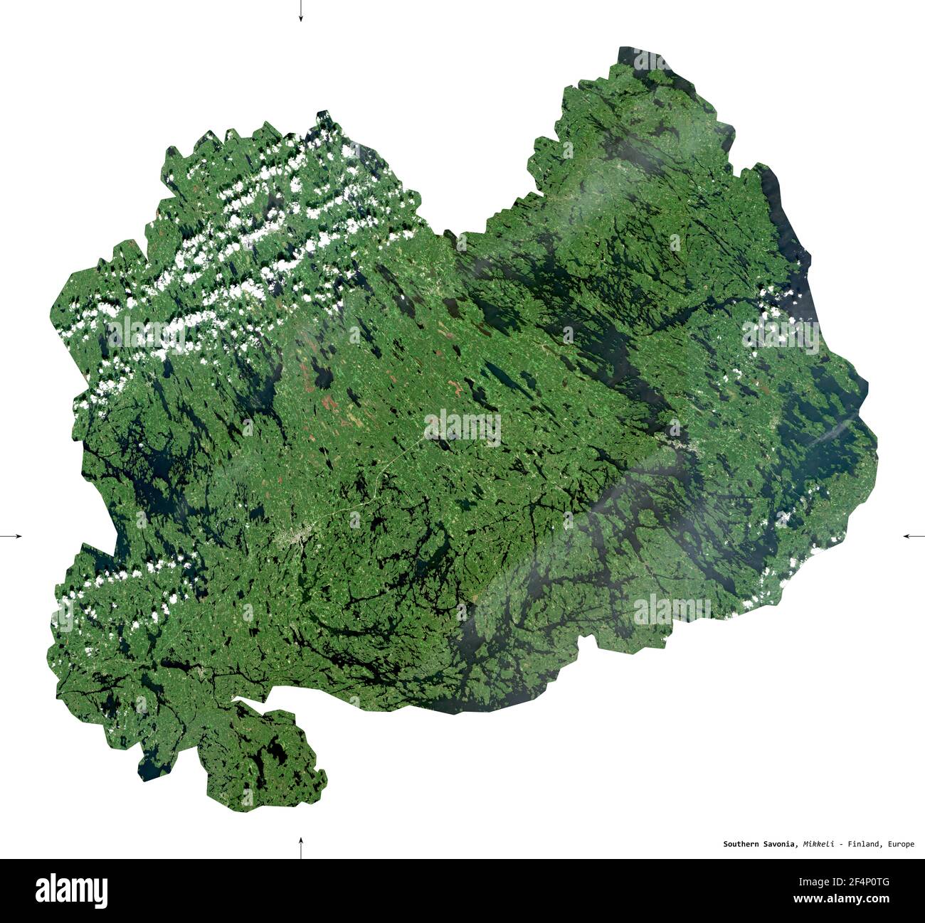 Southern Savonia, region of Finland. Sentinel-2 satellite imagery. Shape isolated on white. Description, location of the capital. Contains modified Co Stock Photo