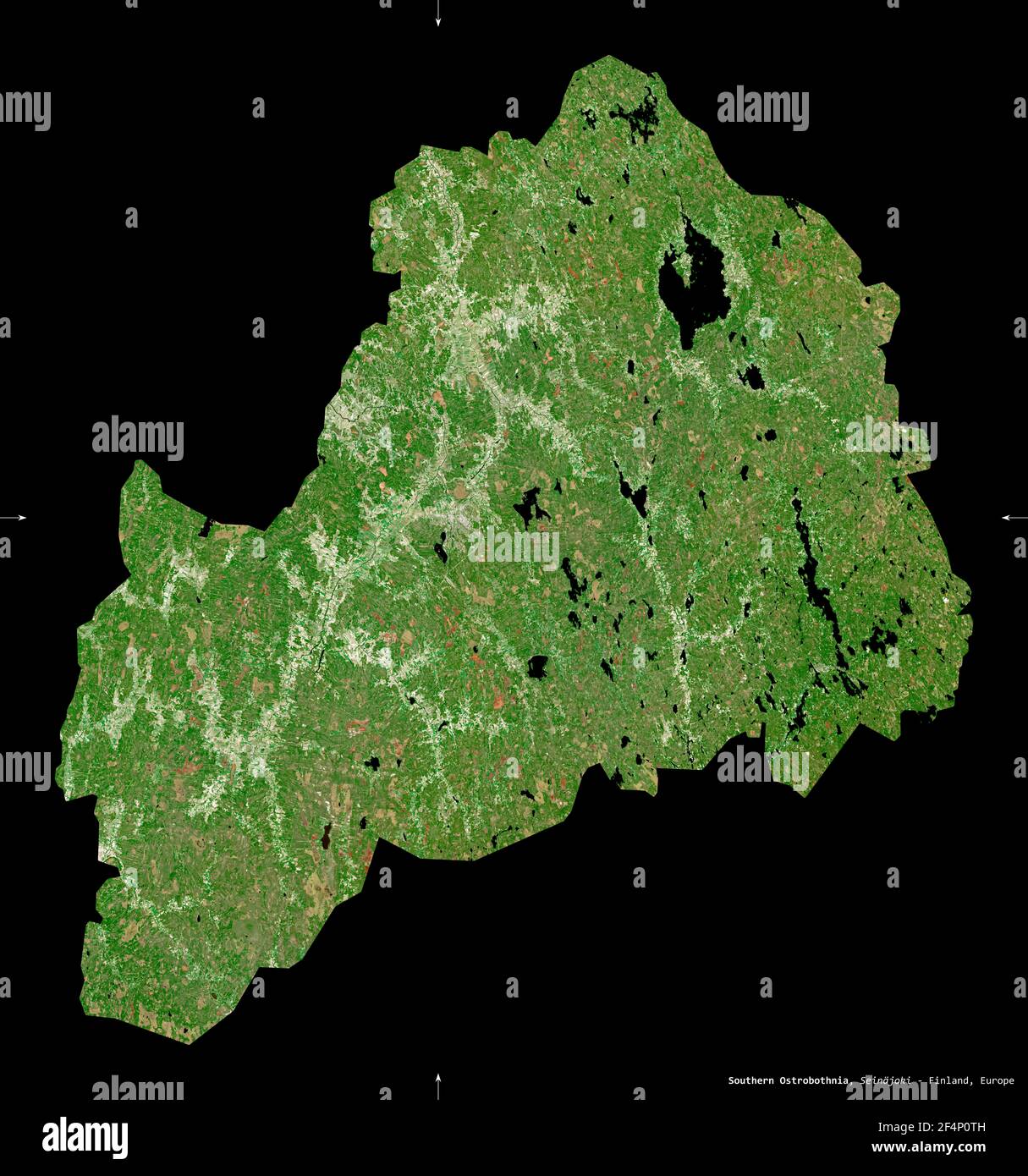 Southern Ostrobothnia, region of Finland. Sentinel-2 satellite imagery. Shape isolated on black. Description, location of the capital. Contains modifi Stock Photo