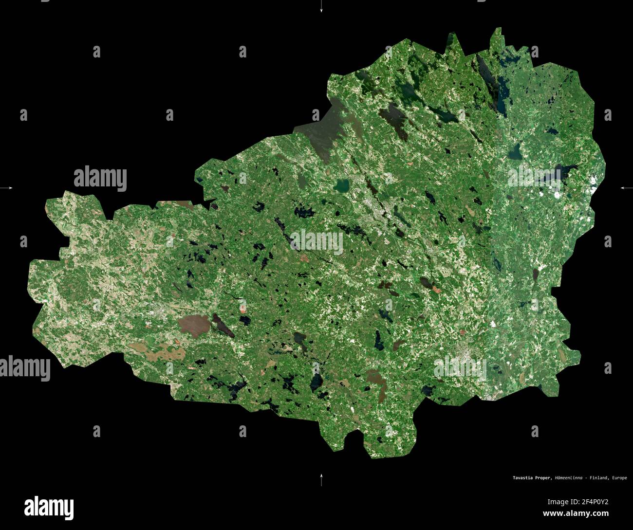 Tavastia Proper, region of Finland. Sentinel-2 satellite imagery. Shape isolated on black. Description, location of the capital. Contains modified Cop Stock Photo