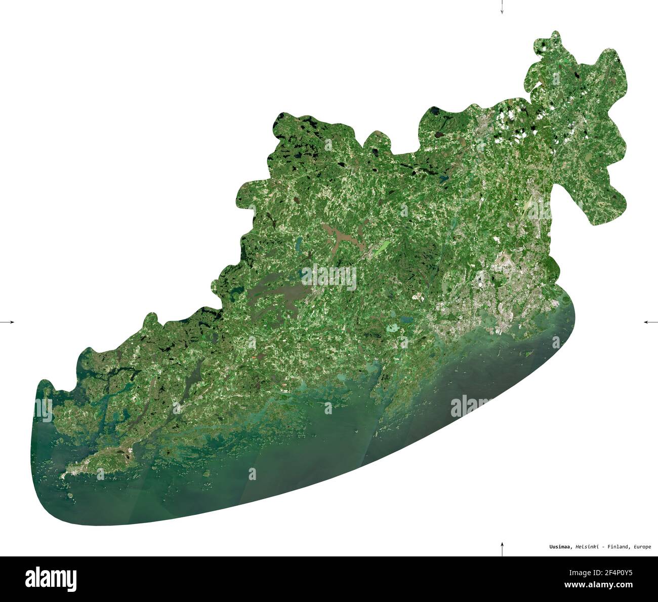 Uusimaa, region of Finland. Sentinel-2 satellite imagery. Shape isolated on white. Description, location of the capital. Contains modified Copernicus Stock Photo