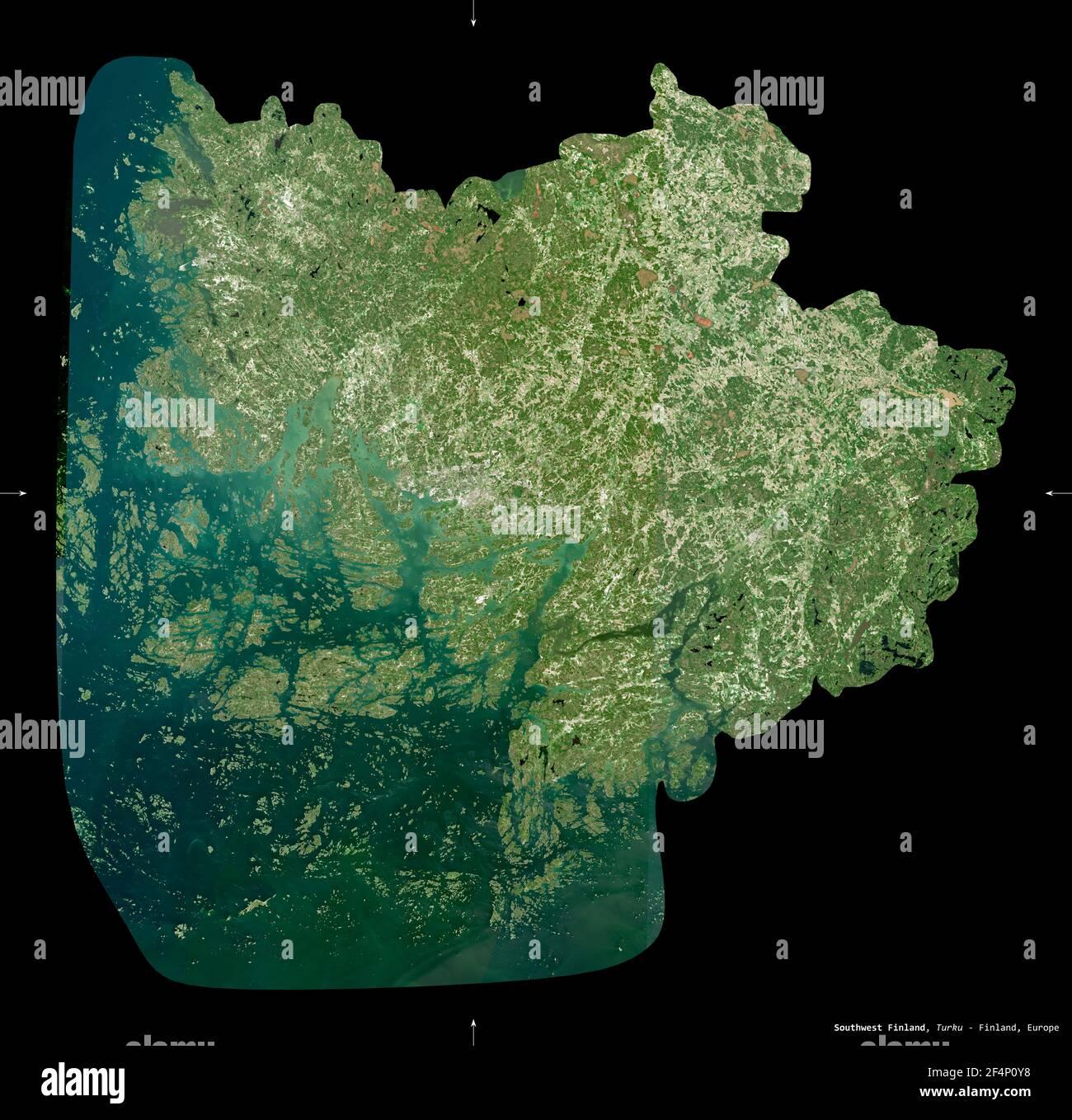 Southwest Finland, region of Finland. Sentinel-2 satellite imagery. Shape isolated on black. Description, location of the capital. Contains modified C Stock Photo