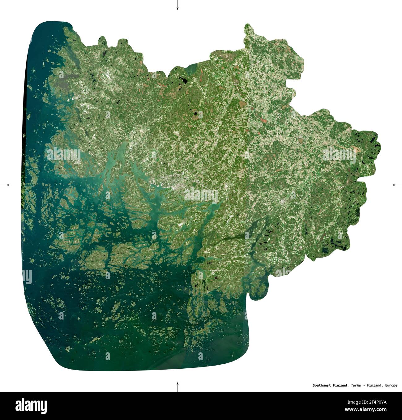 Southwest Finland, region of Finland. Sentinel-2 satellite imagery. Shape isolated on white. Description, location of the capital. Contains modified C Stock Photo