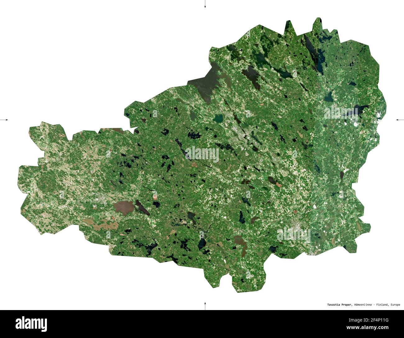 Tavastia Proper, region of Finland. Sentinel-2 satellite imagery. Shape isolated on white. Description, location of the capital. Contains modified Cop Stock Photo