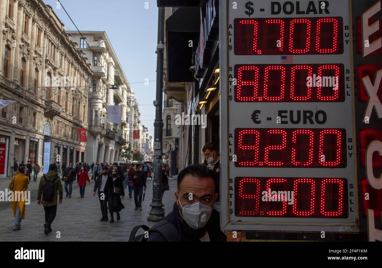 (210322) -- ISTANBUL, March 22, 2021 (Xinhua) -- A currency exchange's electronic screen shows foreign exchange rates in Istanbul, Turkey, on March 22, 2021. Turkey's currency plunged around 11 percent on Monday after Turkish President Recep Tayyip Erdogan fired the central bank governor and appointed a critic of high interest rates, a move sparking turbulence in markets. Turkish lira was fluctuating at 8.02 against the U.S. dollar in Monday's morning trading, a sharp decline from Friday's closing level of 7.22, while the Turkish currency was also down 11 percent against the euro. (Photo by Os Stock Photo
