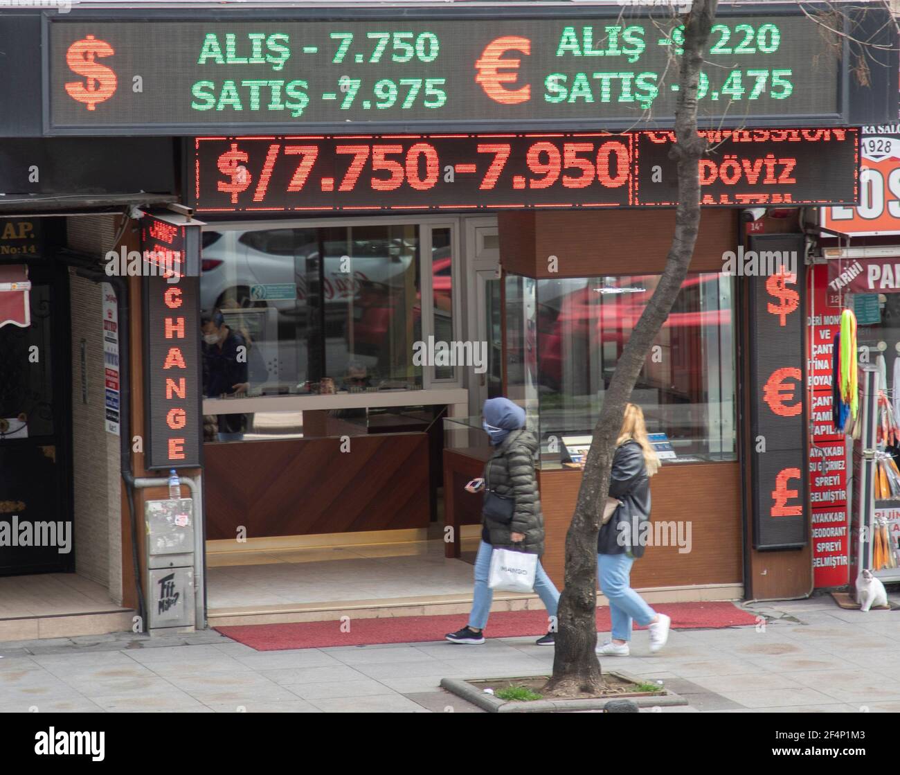 Istanbul, Turkey. 22nd Mar, 2021. Pedestrians walk past a currency exchange in Istanbul, Turkey, on March 22, 2021. Turkey's currency plunged around 11 percent on Monday after Turkish President Recep Tayyip Erdogan fired the central bank governor and appointed a critic of high interest rates, a move sparking turbulence in markets. Turkish lira was fluctuating at 8.02 against the U.S. dollar in Monday's morning trading, a sharp decline from Friday's closing level of 7.22, while the Turkish currency was also down 11 percent against the euro. Credit: Osman Orsal/Xinhua/Alamy Live News Stock Photo