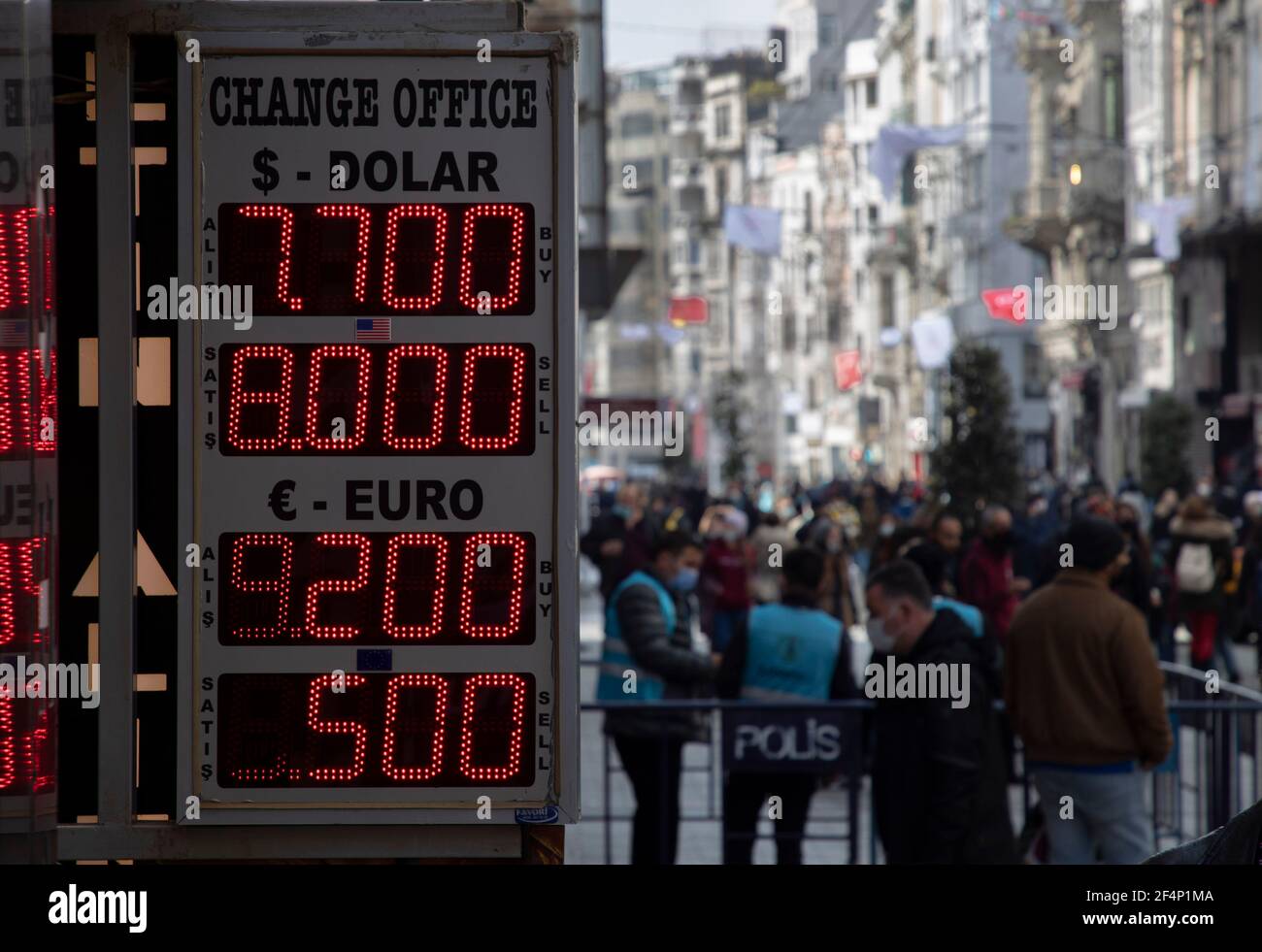 (210322) -- ISTANBUL, March 22, 2021 (Xinhua) -- A currency exchange's electronic screen shows foreign exchange rates in Istanbul, Turkey, on March 22, 2021. Turkey's currency plunged around 11 percent on Monday after Turkish President Recep Tayyip Erdogan fired the central bank governor and appointed a critic of high interest rates, a move sparking turbulence in markets. Turkish lira was fluctuating at 8.02 against the U.S. dollar in Monday's morning trading, a sharp decline from Friday's closing level of 7.22, while the Turkish currency was also down 11 percent against the euro. (Photo by Os Stock Photo
