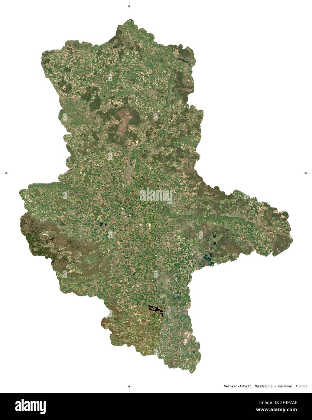 Sachsen-Anhalt, state of Germany. Sentinel-2 satellite imagery. Shape isolated on white. Description, location of the capital. Contains modified Coper Stock Photo