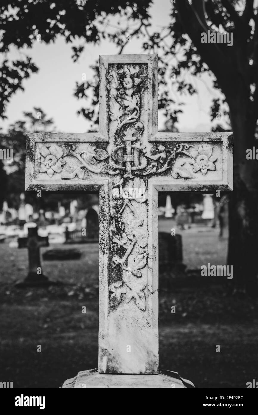 Carved religious cross black and white Stock Photo