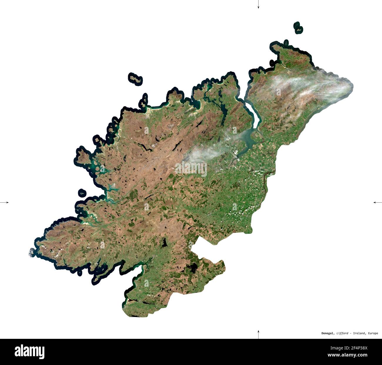 Donegal, county of Ireland. Sentinel-2 satellite imagery. Shape isolated on white. Description, location of the capital. Contains modified Copernicus Stock Photo