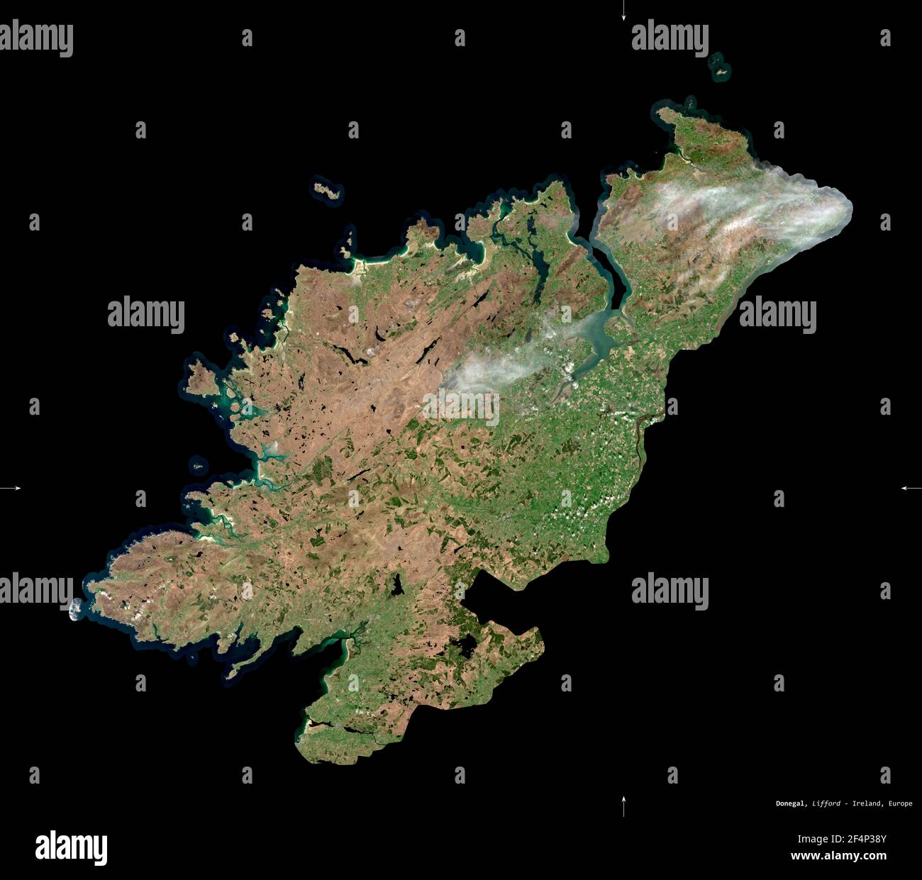 Donegal, county of Ireland. Sentinel-2 satellite imagery. Shape isolated on black. Description, location of the capital. Contains modified Copernicus Stock Photo