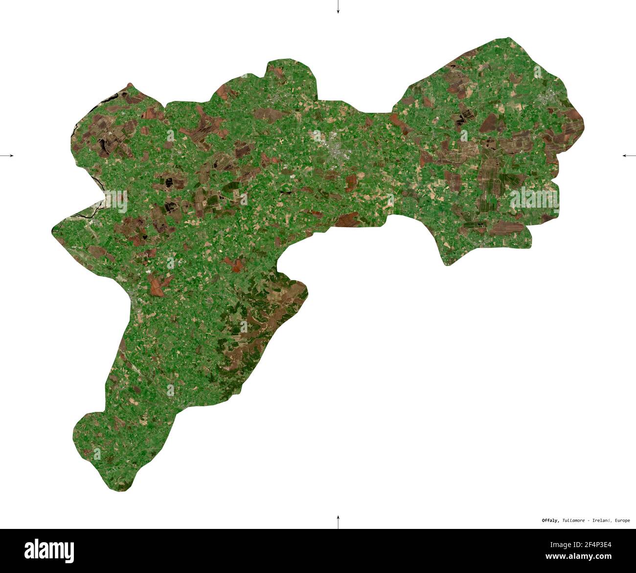 Offaly, county of Ireland. Sentinel-2 satellite imagery. Shape isolated on white. Description, location of the capital. Contains modified Copernicus S Stock Photo