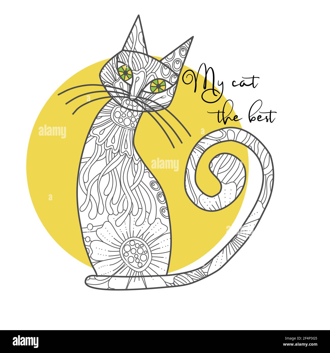 Cute cat with doodle abstract flowers and leaves, quote - my cat the best. Vector hand drawn outline illustration. Stock Vector