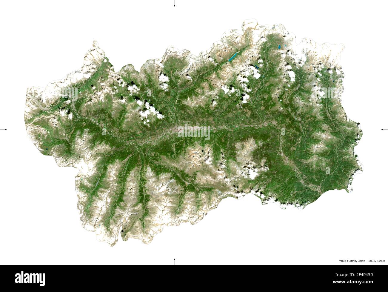 Valle d'Aosta, autonomous region of Italy. Sentinel-2 satellite imagery. Shape isolated on white. Description, location of the capital. Contains modif Stock Photo