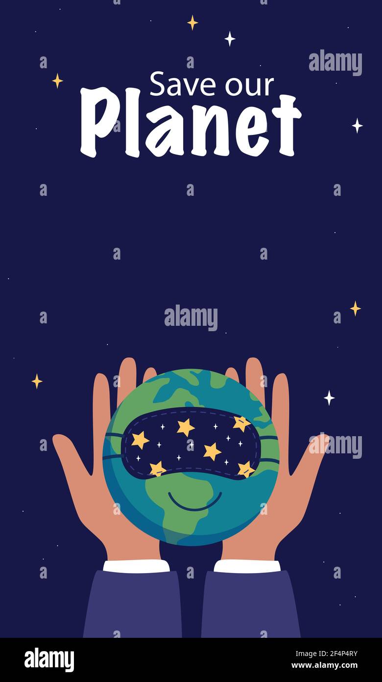 Vertical Poster Hands Hold A Sleeping Planet Earth In A Mask Stock Vector Image Art Alamy