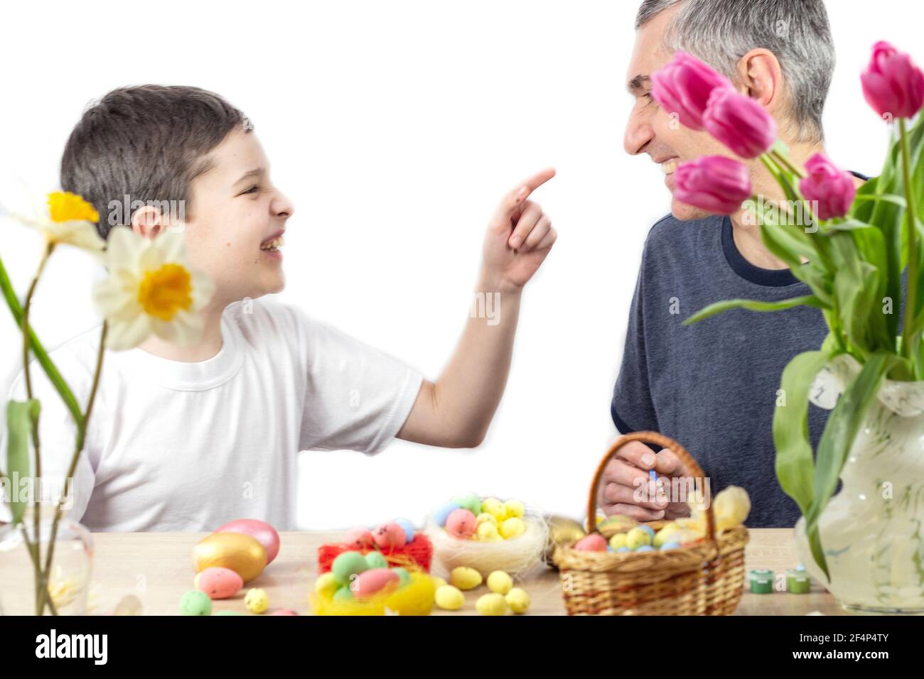 Easter eggs. Happy Easter card. Multi-colored Easter eggs. Easter. Easter eggs. Tulips. Place for text Stock Photo