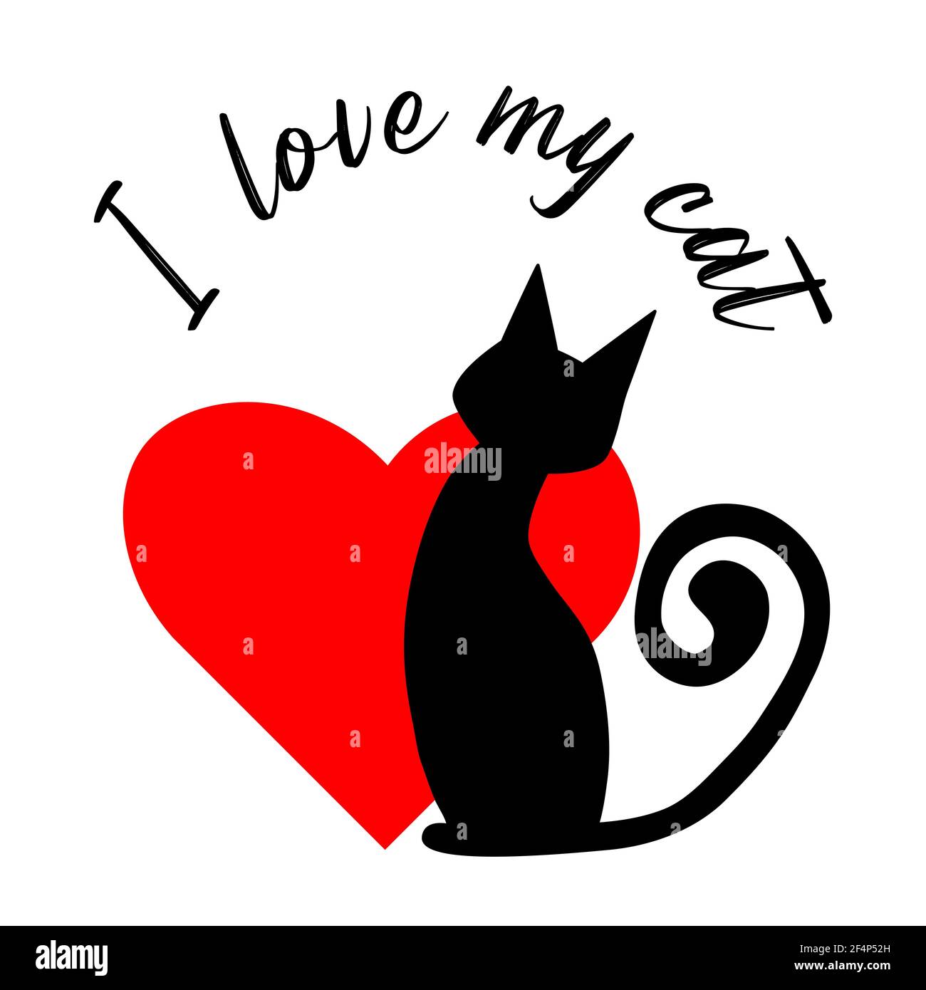 Black silhouette of cat, red heart and quote - I love my cat. Vector hand drawn illustration. Stock Vector