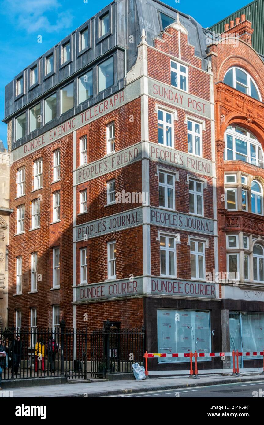 Former Fleet Street offices of D.C. Thomson & Co. Ltd. with names of publictions in tiles round the building. Stock Photo