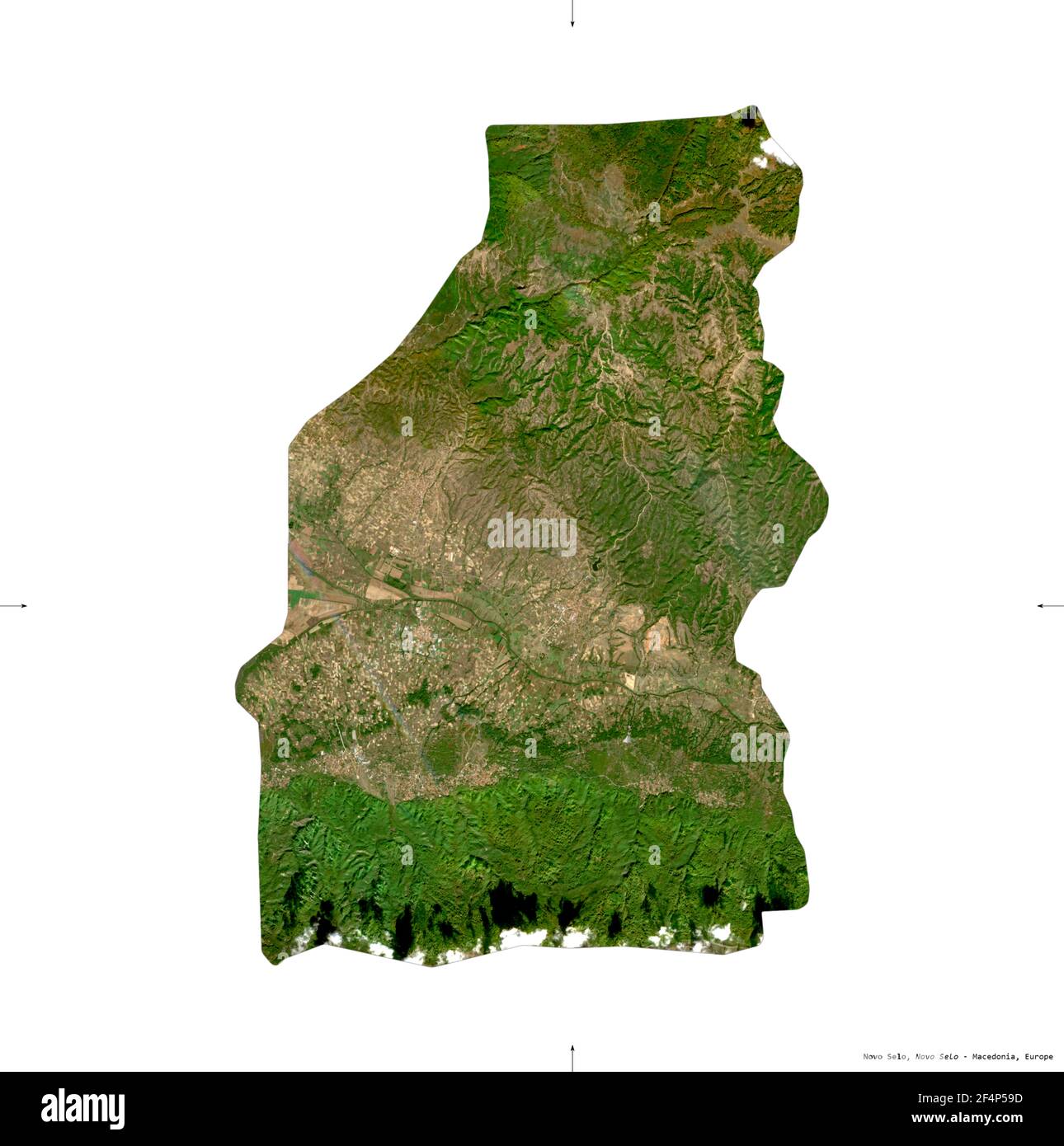 Novo Selo, municipality of Macedonia. Sentinel-2 satellite imagery. Shape isolated on white. Description, location of the capital. Contains modified C Stock Photo