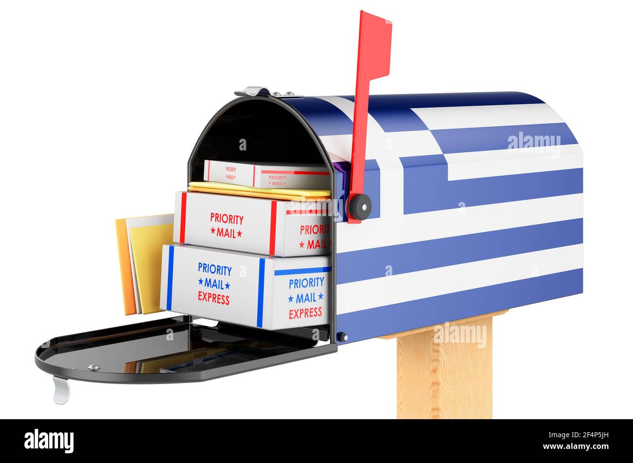 Mailbox with Greek flag with parcels, envelopes inside. Shipping in Greece, concept. 3D rendering isolated on white background Stock Photo