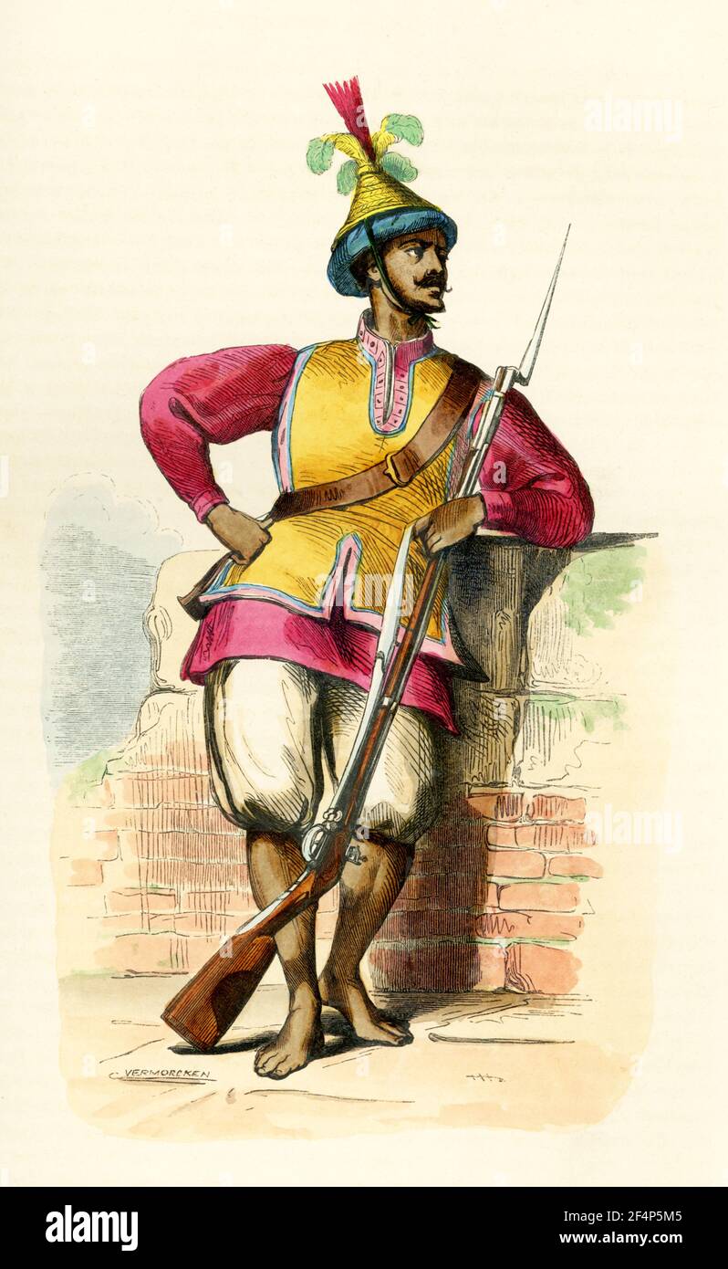 This 1840s illustration shows a soldier from Cochinchina (now Vietnam) in the 1840s. Cochinchina is the historical name given by foreigners to part of Vietnam, depending on the contexts. Sometimes it referred to the whole of Vietnam, but it was commonly used to refer to the region south of the Gianh River. Stock Photo