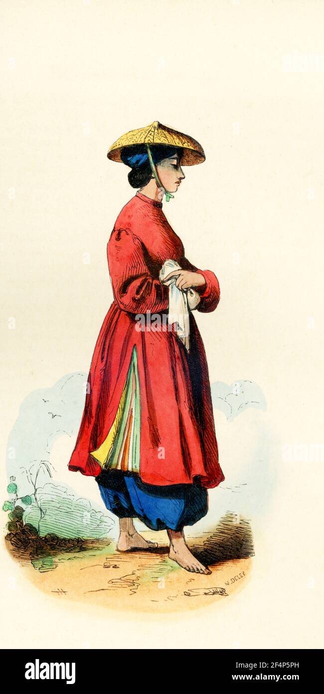 This 1840s illustration shows a young girl from Cochinchina (now Vietnam). Cochinchina is the historical name given by foreigners to part of Vietnam, depending on the contexts. Sometimes it referred to the whole of Vietnam, but it was commonly used to refer to the region south of the Gianh River. Stock Photo